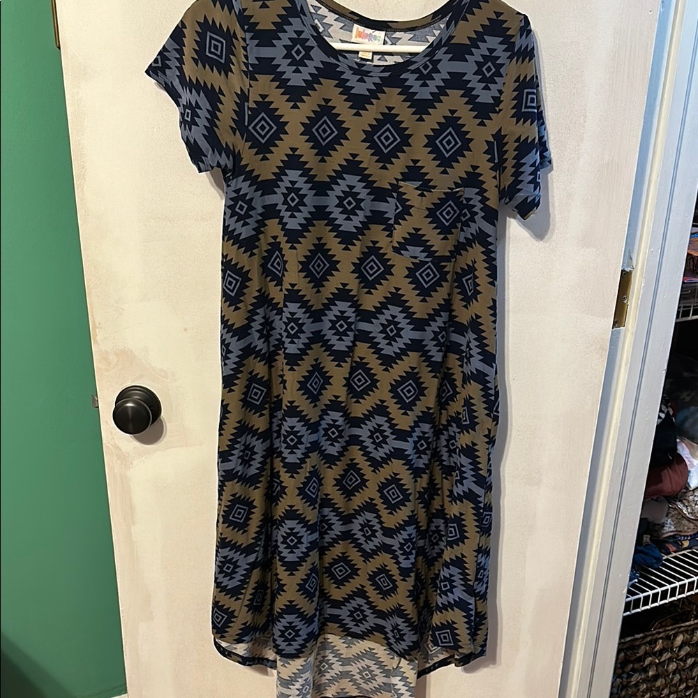 LLR Carly Geometric Patterned Dress in Blue‎ and Brown